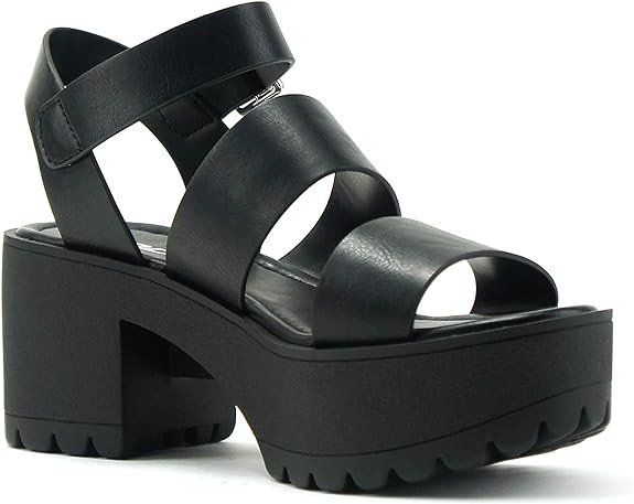 Soda ACCOUNT ~ Women Open Toe Two Bands Lug sole Fashion Block Heel Sandals with Adjustable Ankle Strap